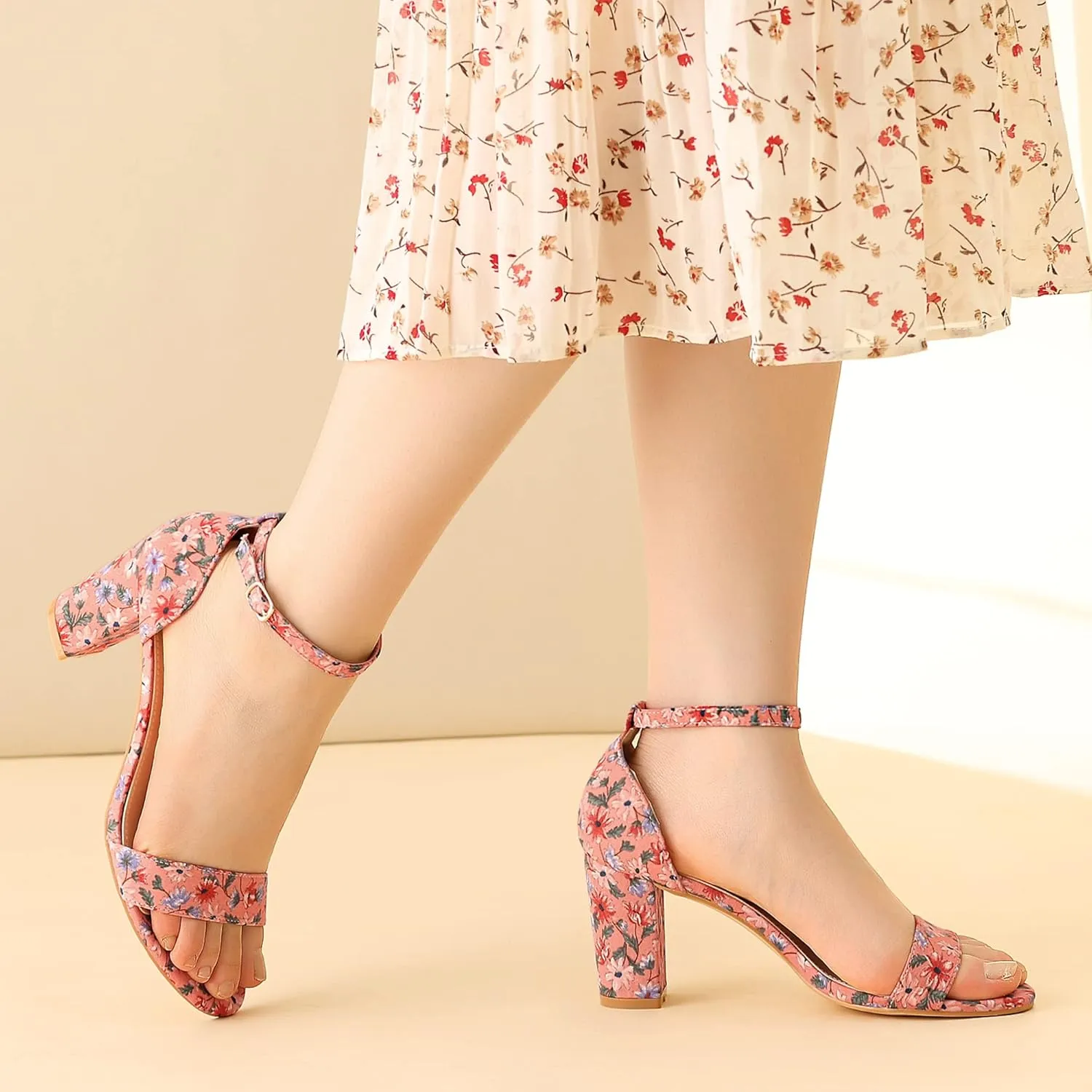 Perphy Floral Printed Open Toe Ankle Strap Chunky Heel Sandals for Women