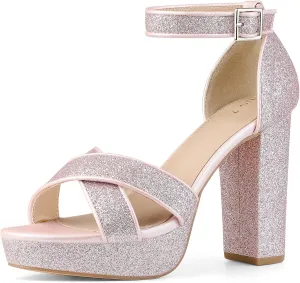 Perphy Glitter Platform Heel Crisscross Strap Chunky Heels Sandals for Women