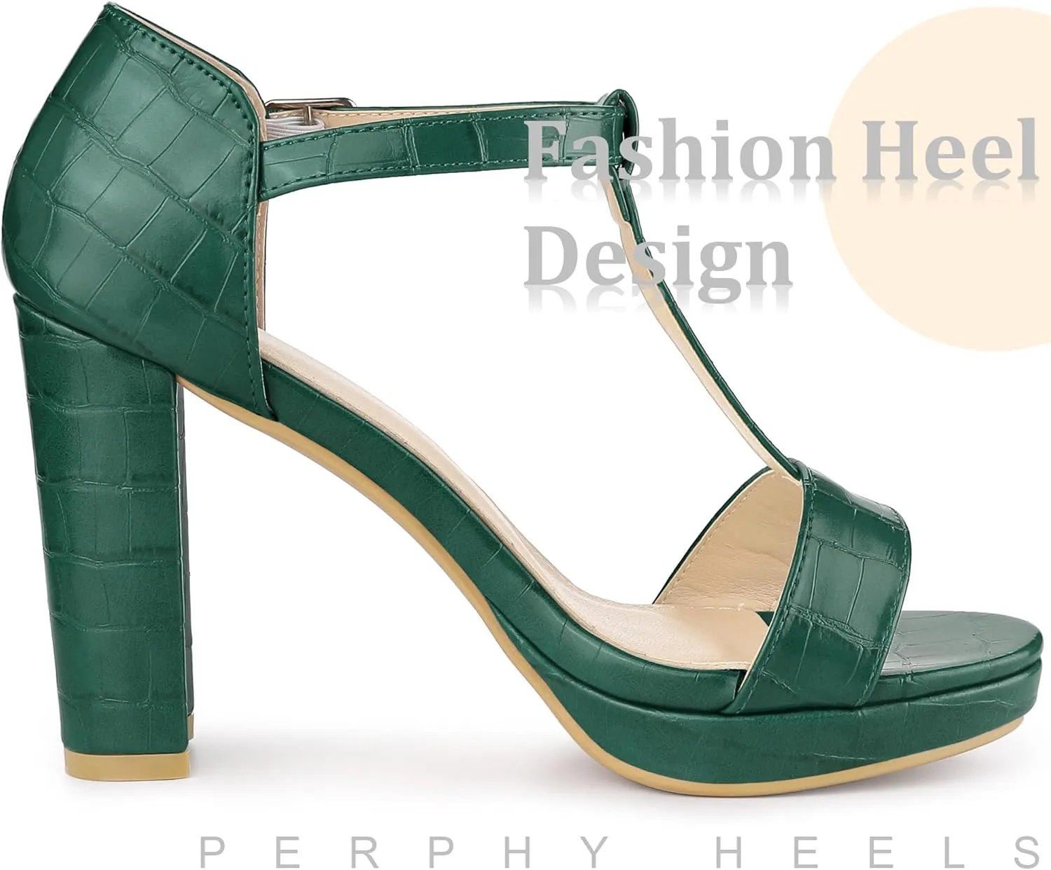 Perphy Platform Heel Print Embossed Ankle t Strap Chunky Heels Sandals for Women