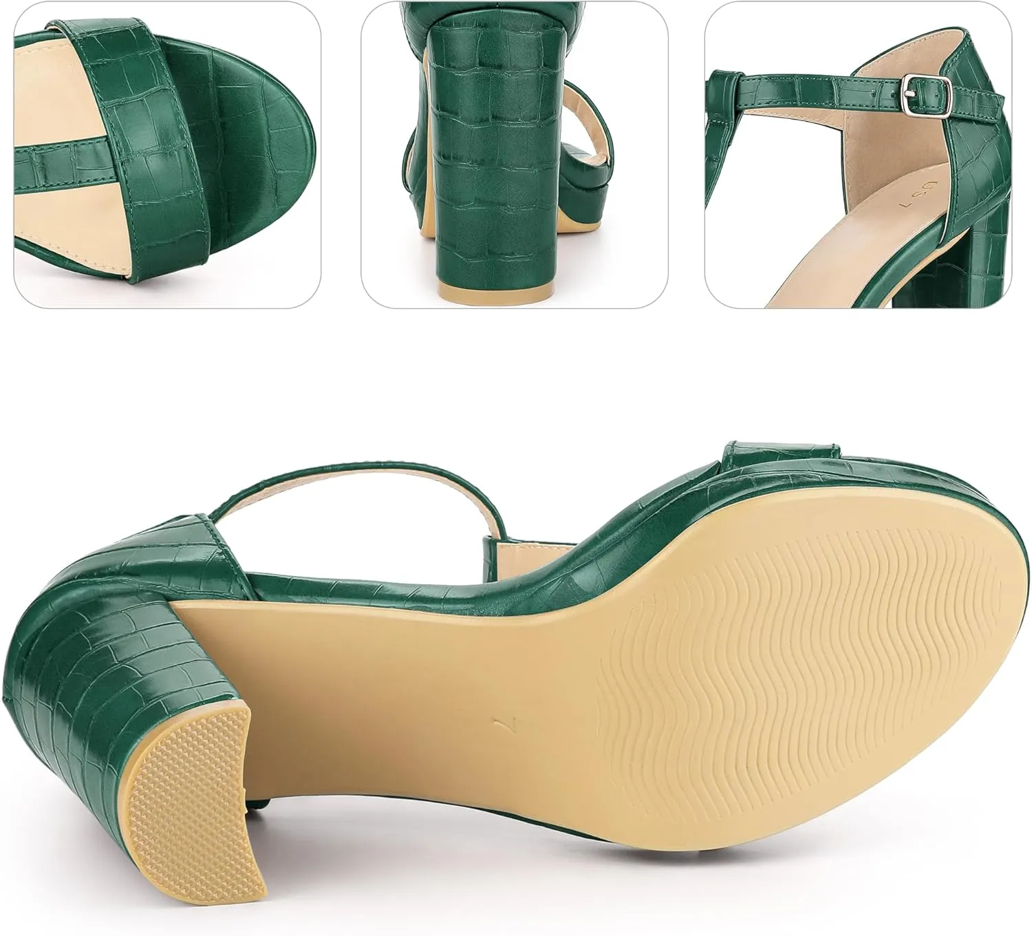 Perphy Platform Heel Print Embossed Ankle t Strap Chunky Heels Sandals for Women
