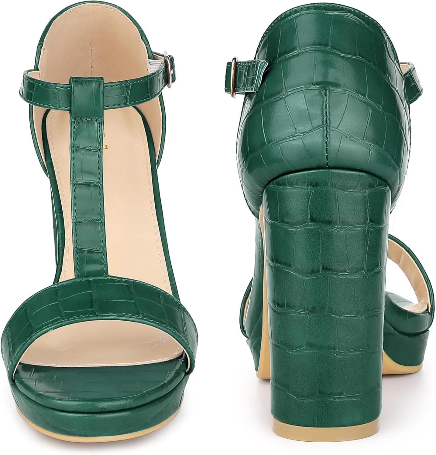 Perphy Platform Heel Print Embossed Ankle t Strap Chunky Heels Sandals for Women