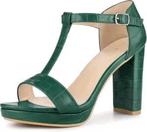 Perphy Platform Heel Print Embossed Ankle t Strap Chunky Heels Sandals for Women