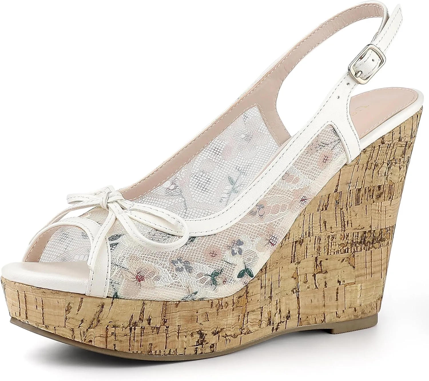 Perphy Platform Heels Lace Bow Slingback Wedge Sandals for Women