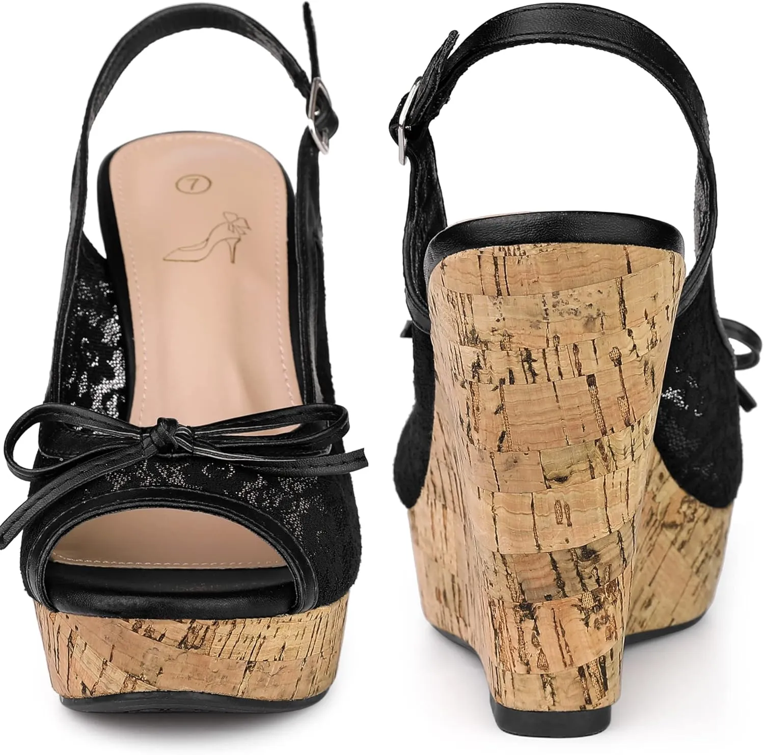 Perphy Platform Heels Lace Bow Slingback Wedge Sandals for Women