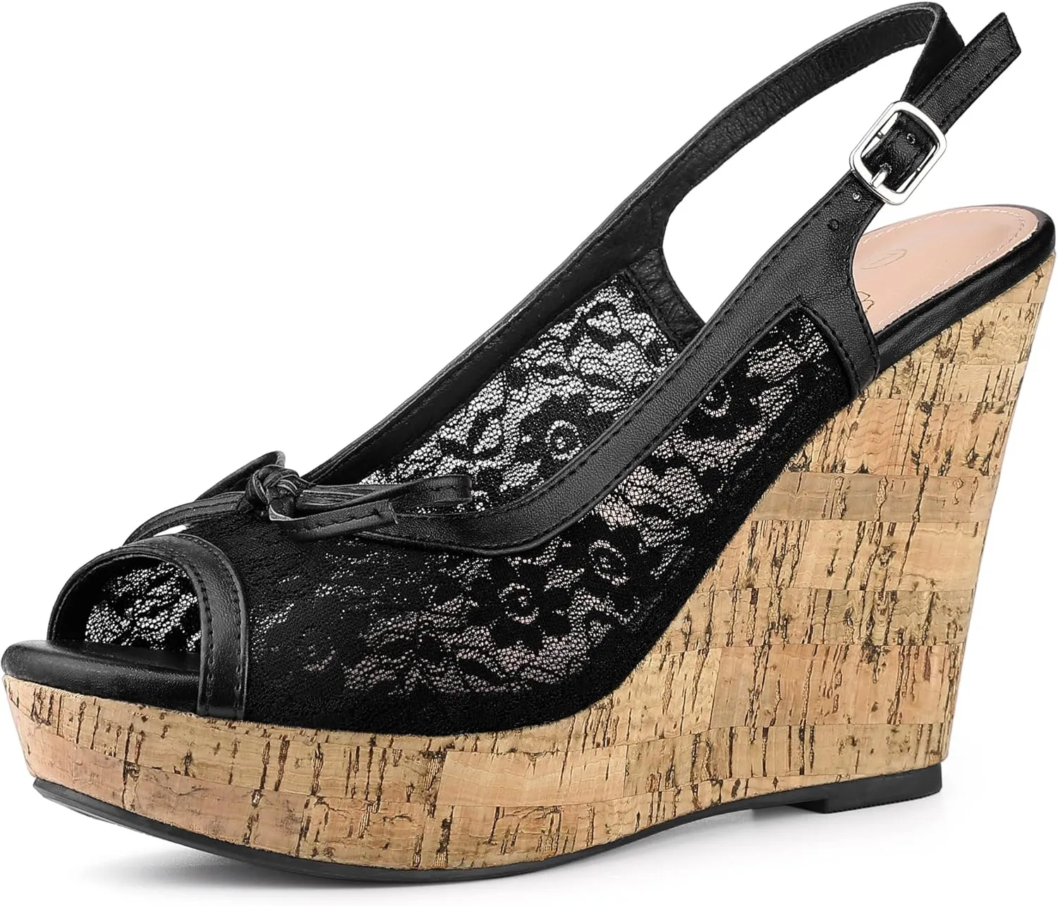Perphy Platform Heels Lace Bow Slingback Wedge Sandals for Women