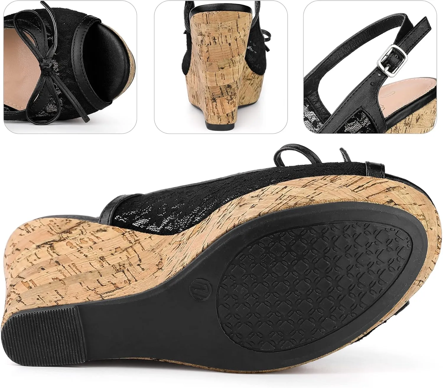 Perphy Platform Heels Lace Bow Slingback Wedge Sandals for Women