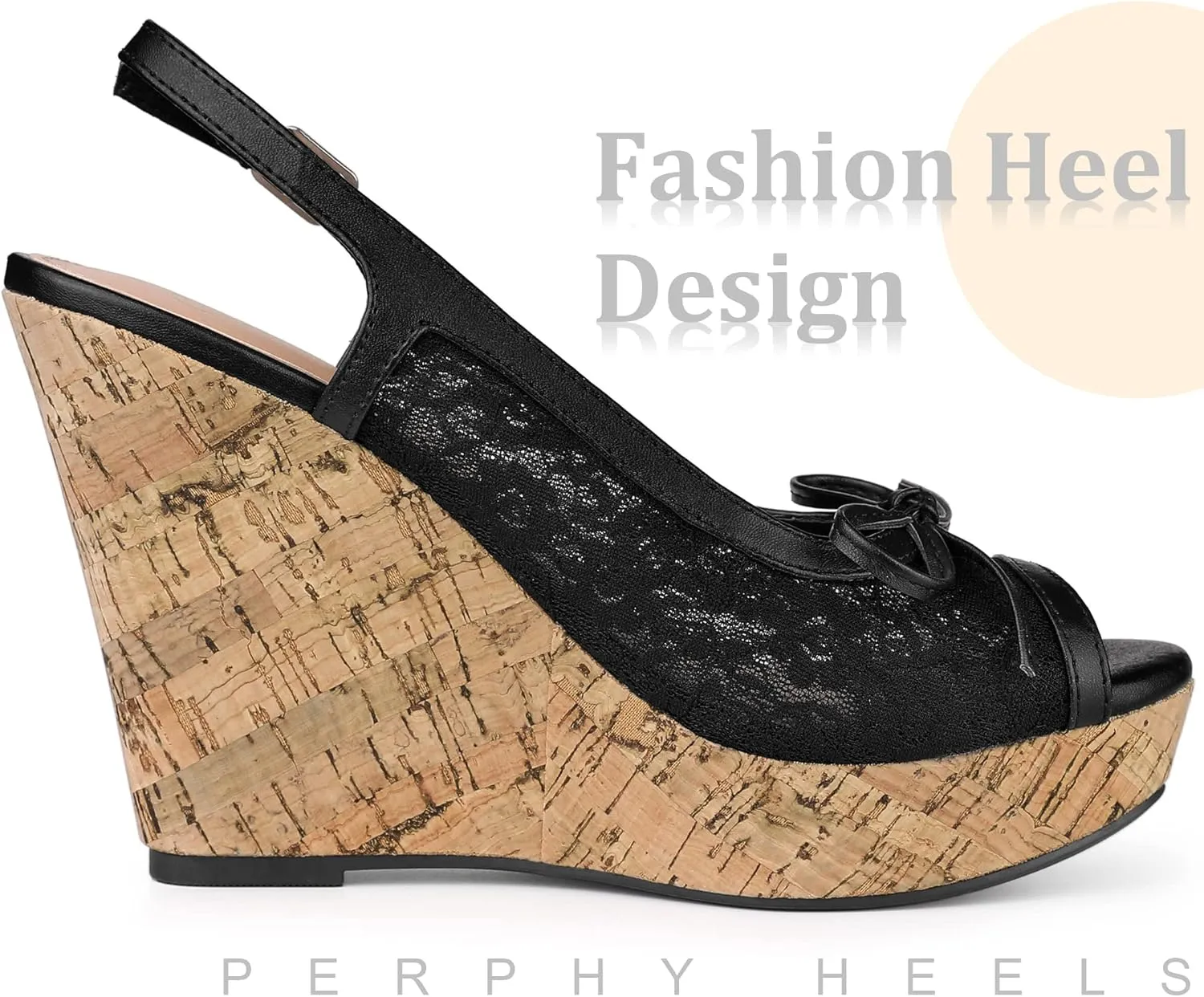 Perphy Platform Heels Lace Bow Slingback Wedge Sandals for Women