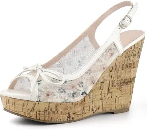 Perphy Platform Heels Lace Bow Slingback Wedge Sandals for Women