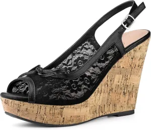 Perphy Platform Heels Lace Bow Slingback Wedge Sandals for Women