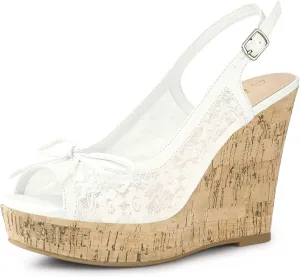 Perphy Platform Heels Lace Bow Slingback Wedge Sandals for Women