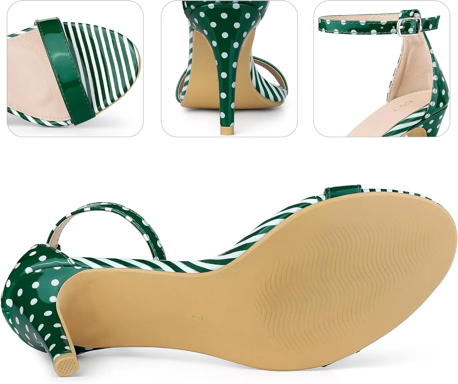 Perphy Stripe Ankle Strap Polka Dots Stiletto Heels Sandals