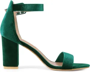 Perphy Velvet Ankle Strap Chunky Heel Sandals for Women Open Toe Dress Shoes
