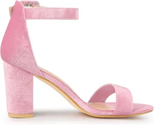 Perphy Velvet Ankle Strap Chunky Heel Sandals for Women Open Toe Dress Shoes