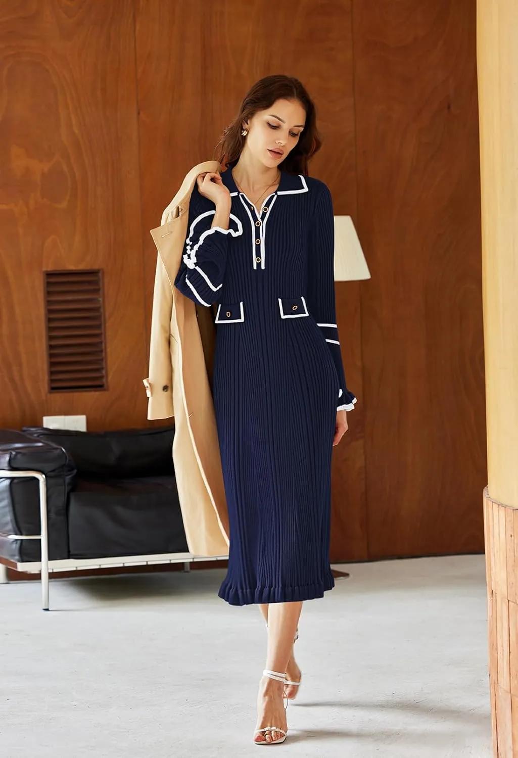 Pink Queen Women's V Neck Bodycon Sweater Dress 2024 Long Sleeve Half Button Slim Fitted Ruffle Ribbed Knit Maxi Pencil Dress