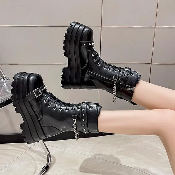 Platform Goth Boots for Women Studded Mid Calf Punk Boots Buckle Chunky Boots Women Rave Boots Side Zipper