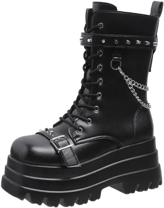 Platform Goth Boots for Women Studded Mid Calf Punk Boots Buckle Chunky Boots Women Rave Boots Side Zipper