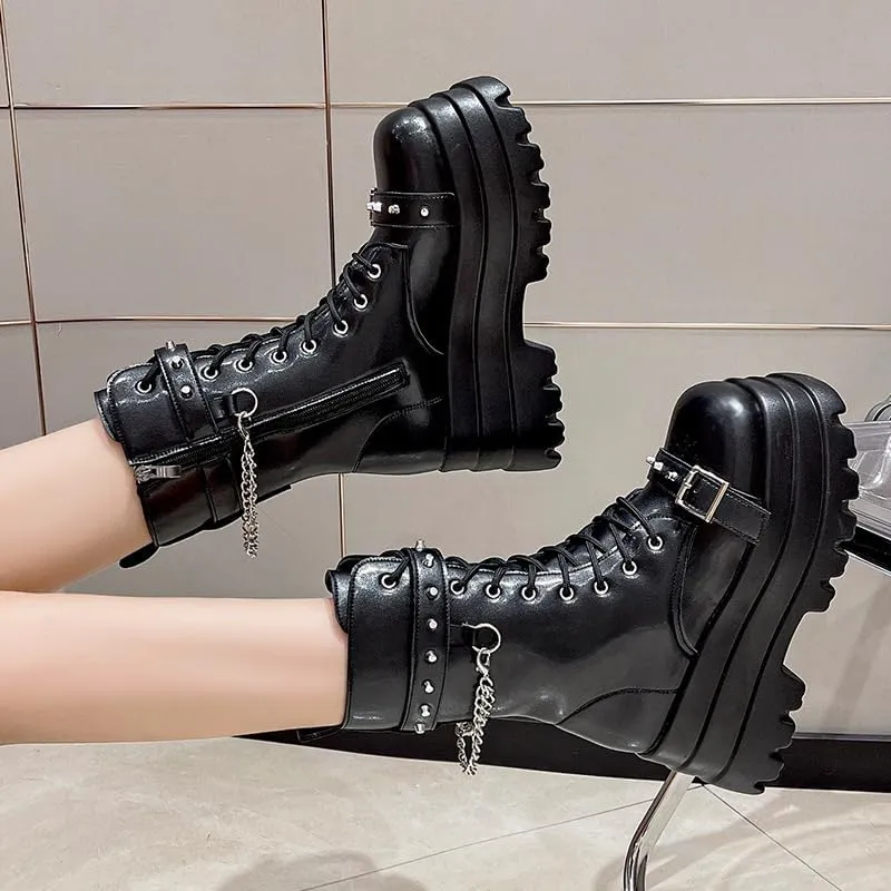 Platform Goth Boots for Women Studded Mid Calf Punk Boots Buckle Chunky Boots Women Rave Boots Side Zipper