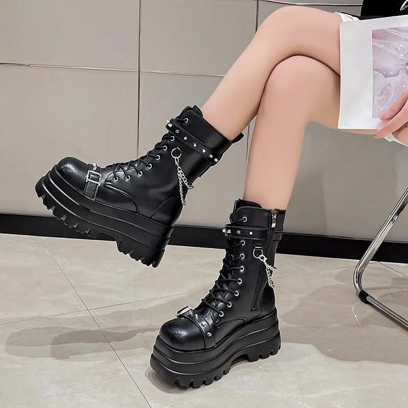 Platform Goth Boots for Women Studded Mid Calf Punk Boots Buckle Chunky Boots Women Rave Boots Side Zipper