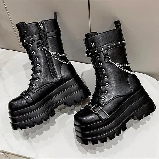 Platform Goth Boots for Women Studded Mid Calf Punk Boots Buckle Chunky Boots Women Rave Boots Side Zipper
