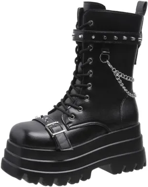 Platform Goth Boots for Women Studded Mid Calf Punk Boots Buckle Chunky Boots Women Rave Boots Side Zipper