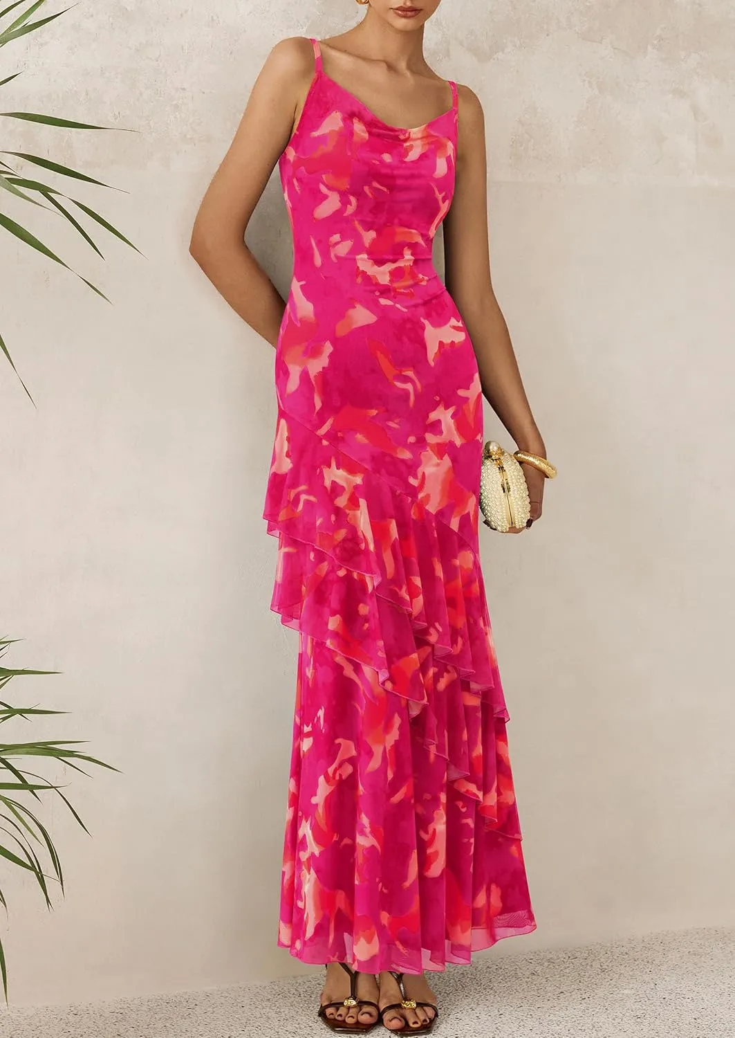PRETTYGARDEN Maxi Dresses for Women 2025 Floral Beach Sundress Spaghetti Strap Tiered Summer Wedding Guest Long Dress