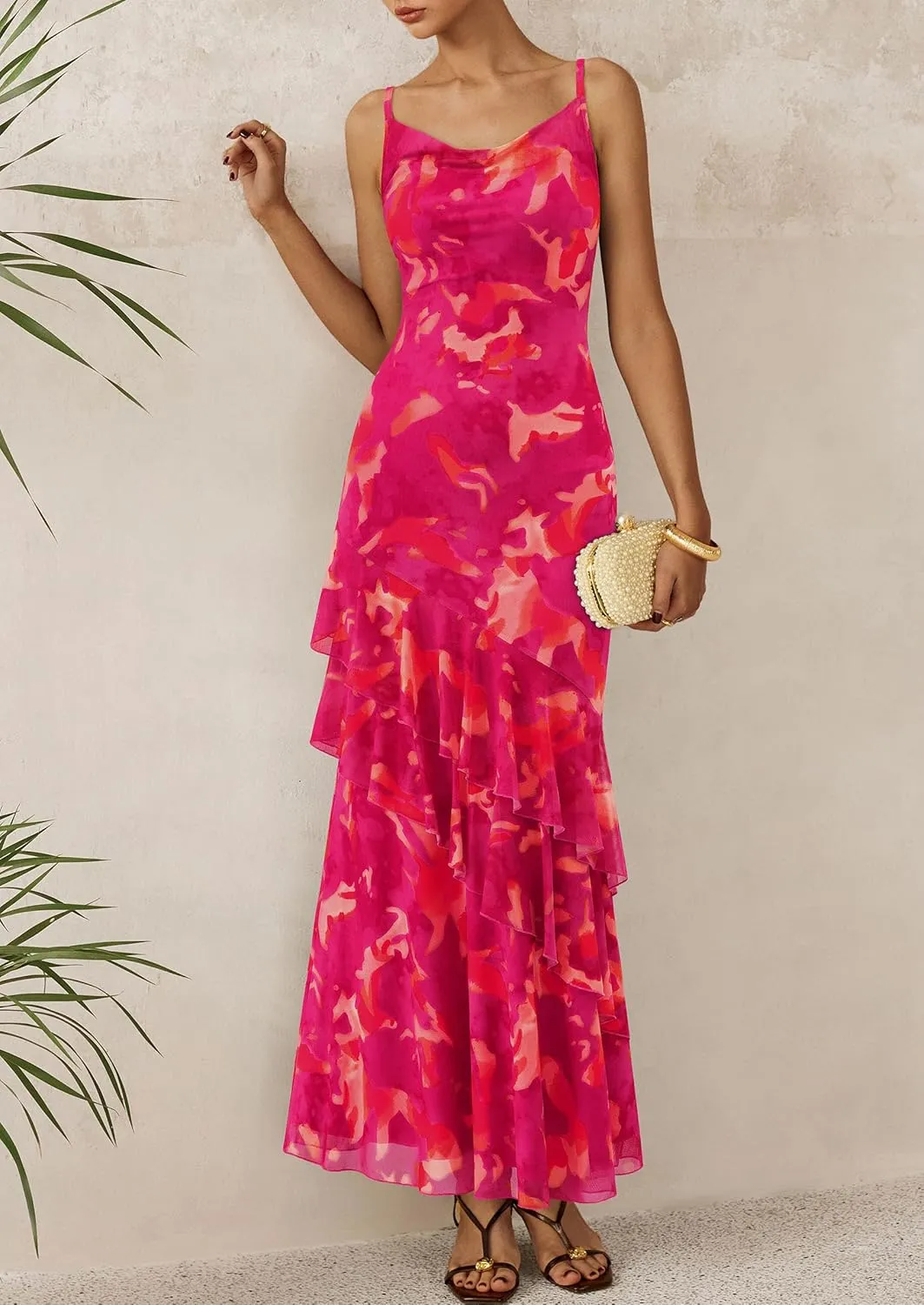 PRETTYGARDEN Maxi Dresses for Women 2025 Floral Beach Sundress Spaghetti Strap Tiered Summer Wedding Guest Long Dress