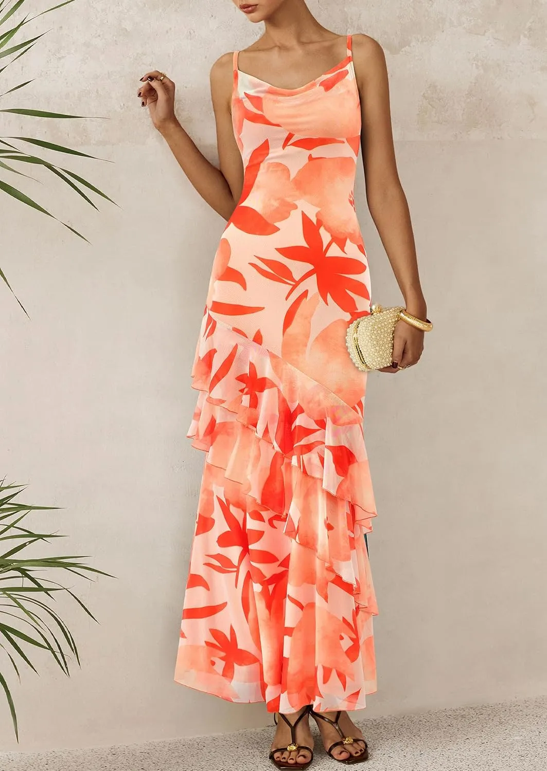 PRETTYGARDEN Maxi Dresses for Women 2025 Floral Beach Sundress Spaghetti Strap Tiered Summer Wedding Guest Long Dress