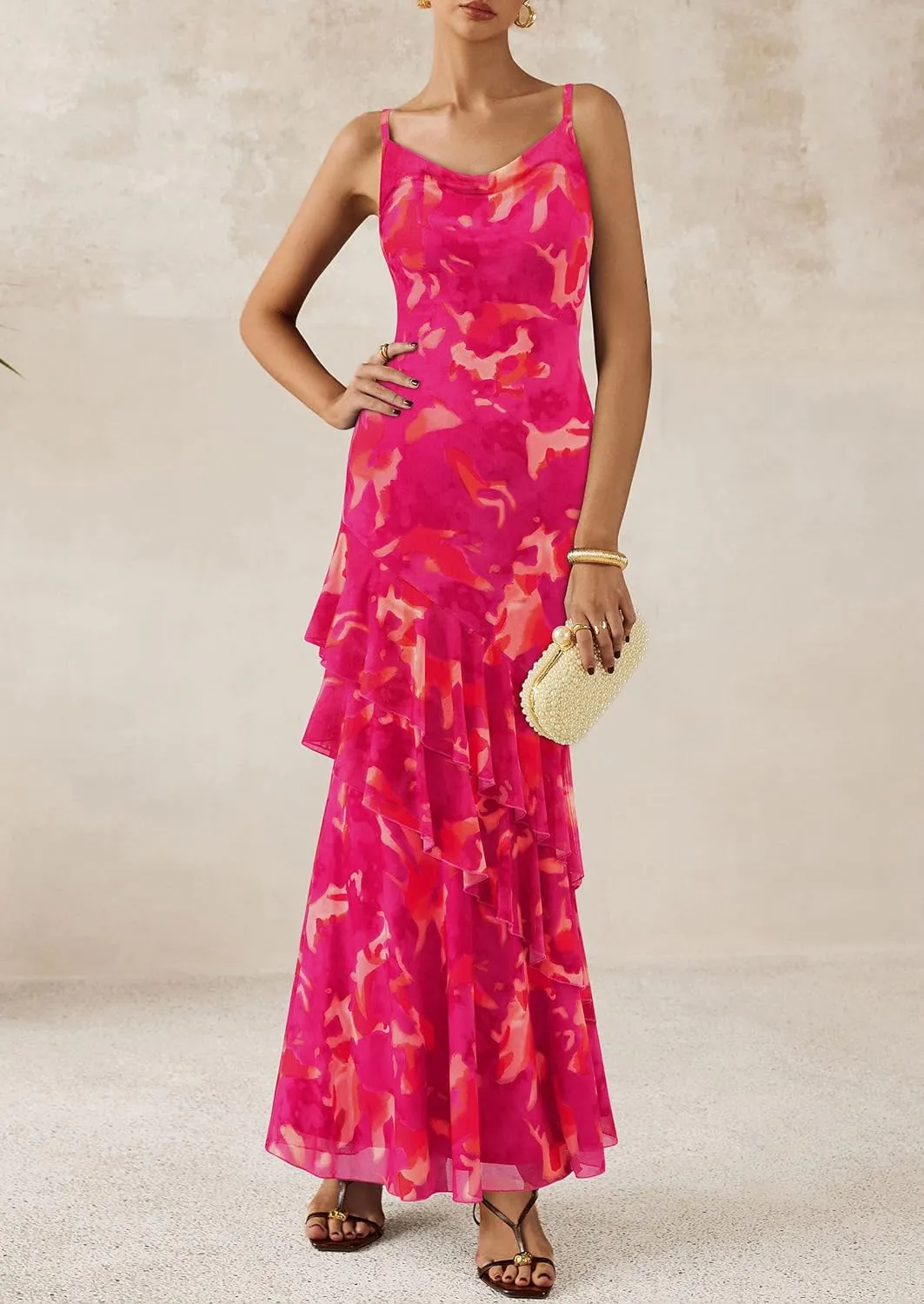 PRETTYGARDEN Maxi Dresses for Women 2025 Floral Beach Sundress Spaghetti Strap Tiered Summer Wedding Guest Long Dress