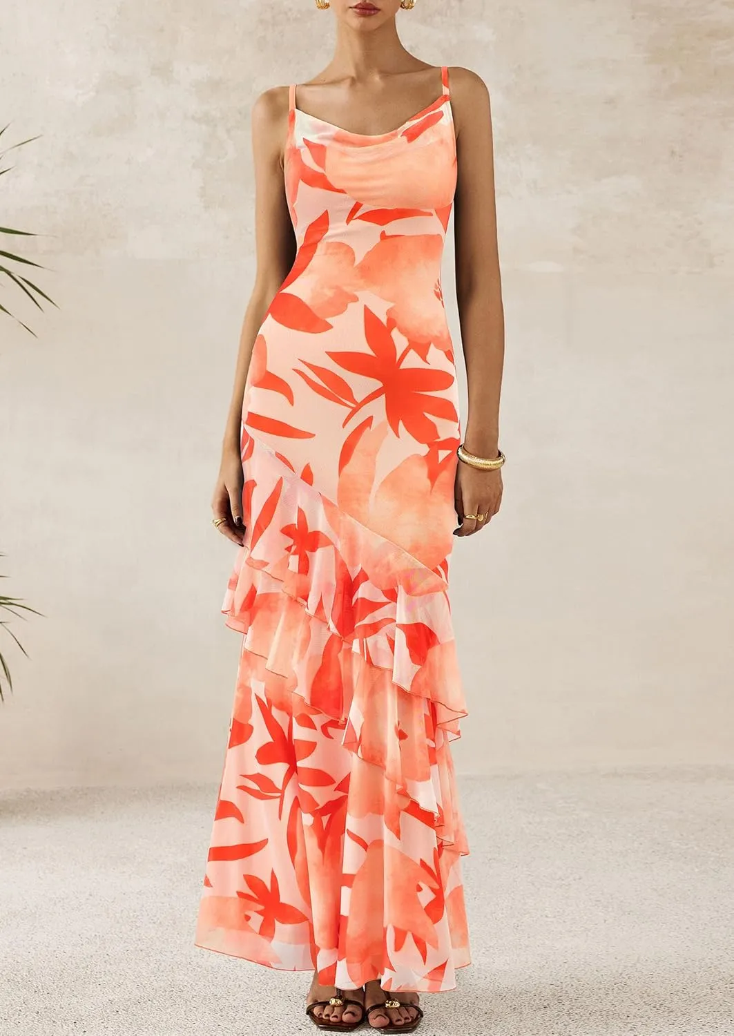 PRETTYGARDEN Maxi Dresses for Women 2025 Floral Beach Sundress Spaghetti Strap Tiered Summer Wedding Guest Long Dress
