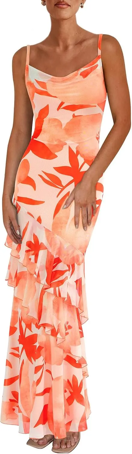 PRETTYGARDEN Maxi Dresses for Women 2025 Floral Beach Sundress Spaghetti Strap Tiered Summer Wedding Guest Long Dress