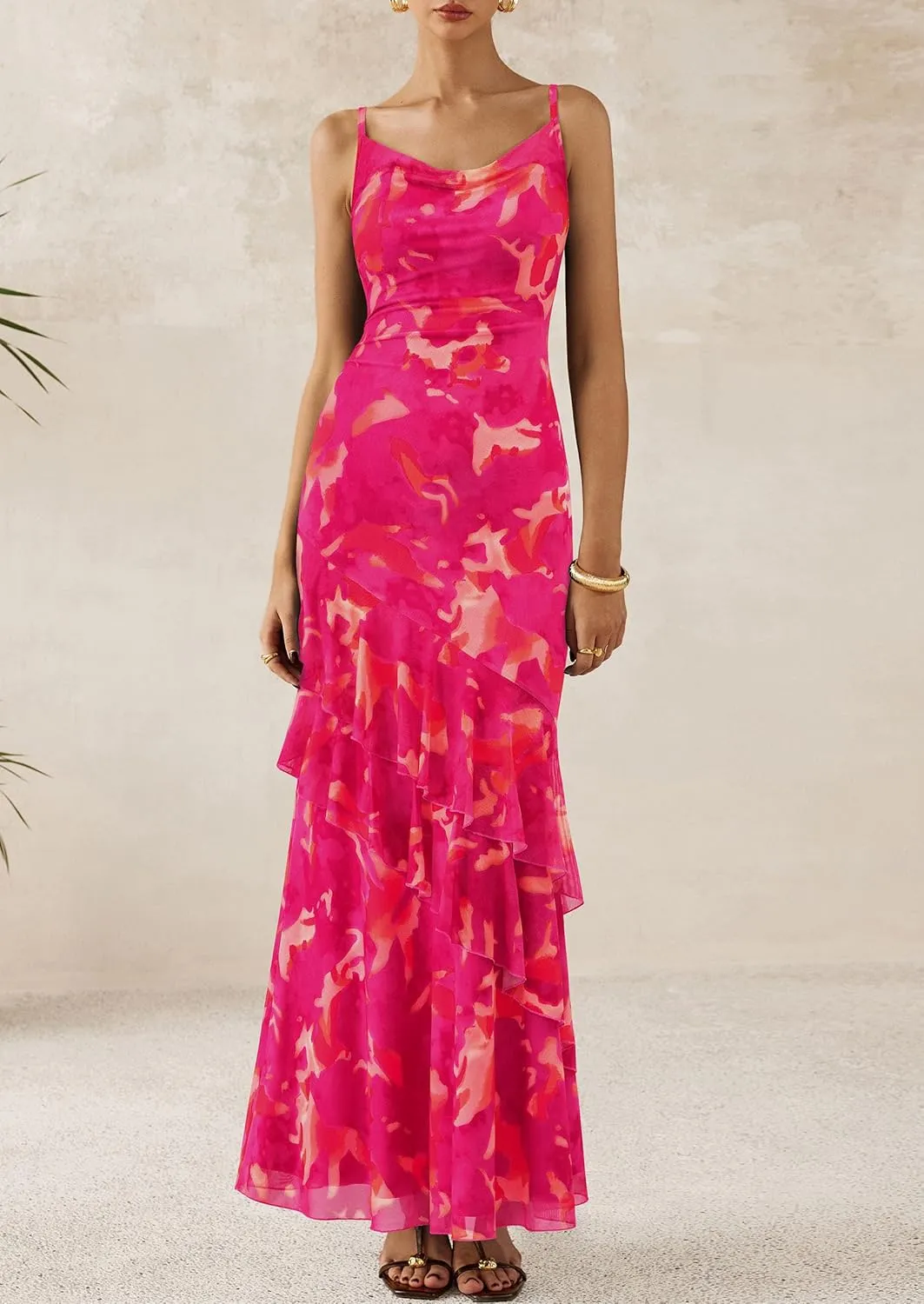 PRETTYGARDEN Maxi Dresses for Women 2025 Floral Beach Sundress Spaghetti Strap Tiered Summer Wedding Guest Long Dress