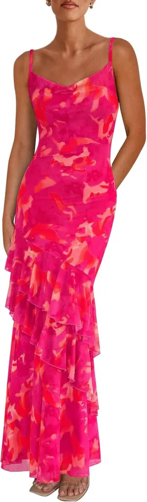 PRETTYGARDEN Maxi Dresses for Women 2025 Floral Beach Sundress Spaghetti Strap Tiered Summer Wedding Guest Long Dress