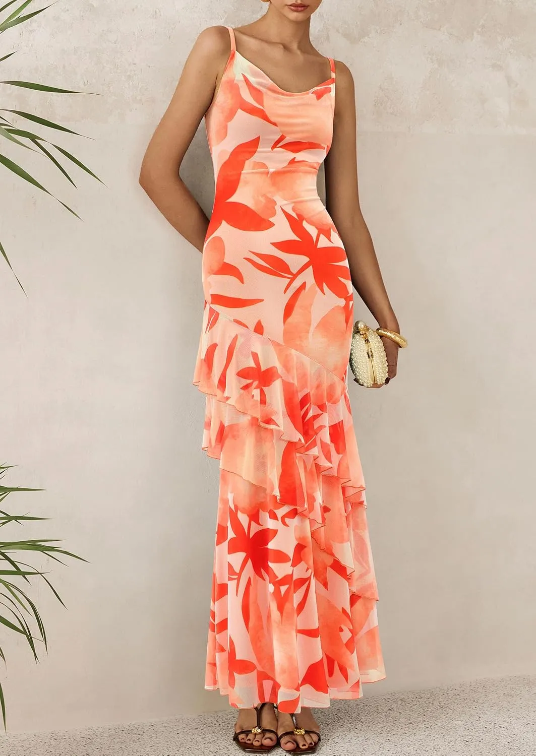 PRETTYGARDEN Maxi Dresses for Women 2025 Floral Beach Sundress Spaghetti Strap Tiered Summer Wedding Guest Long Dress