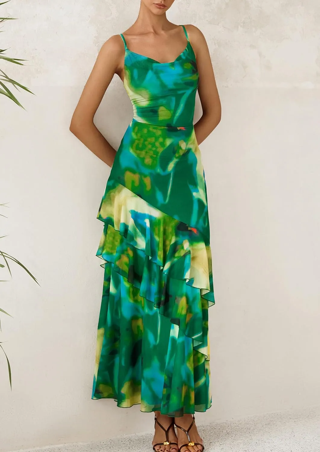 PRETTYGARDEN Maxi Dresses for Women 2025 Summer Tiered Floral Beach Sundress Spaghetti Strap Wedding Guest Long Dress