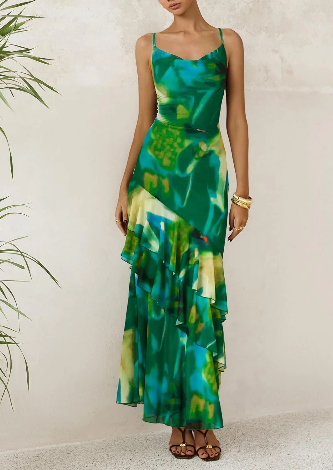 PRETTYGARDEN Maxi Dresses for Women 2025 Summer Tiered Floral Beach Sundress Spaghetti Strap Wedding Guest Long Dress