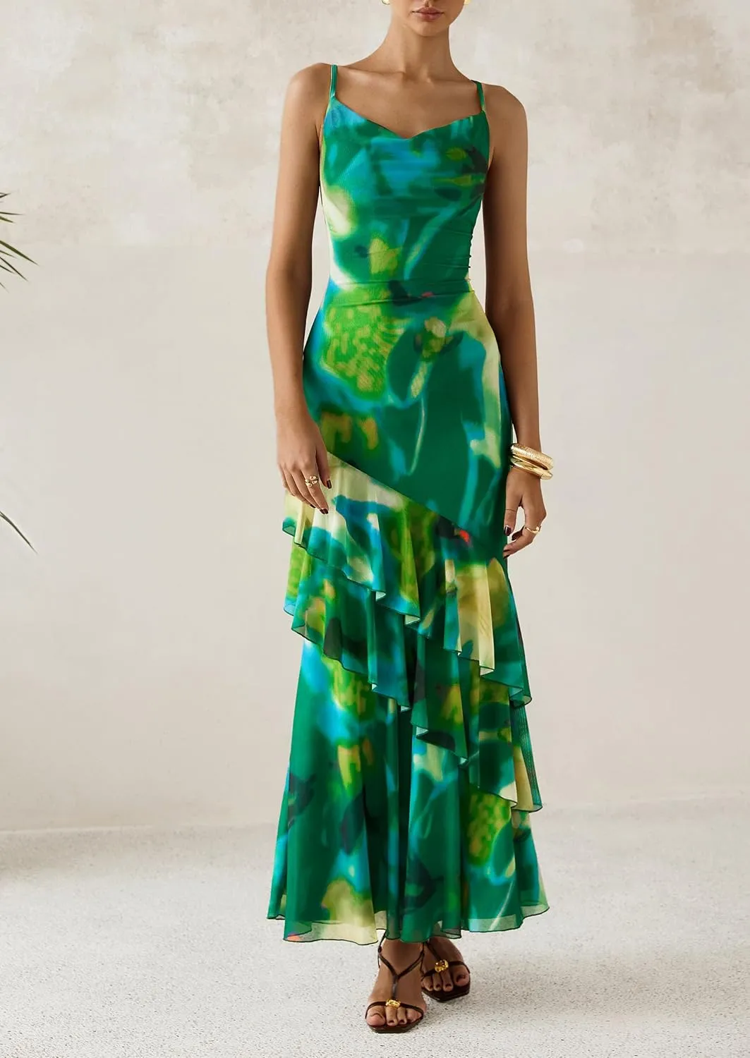 PRETTYGARDEN Maxi Dresses for Women 2025 Summer Tiered Floral Beach Sundress Spaghetti Strap Wedding Guest Long Dress