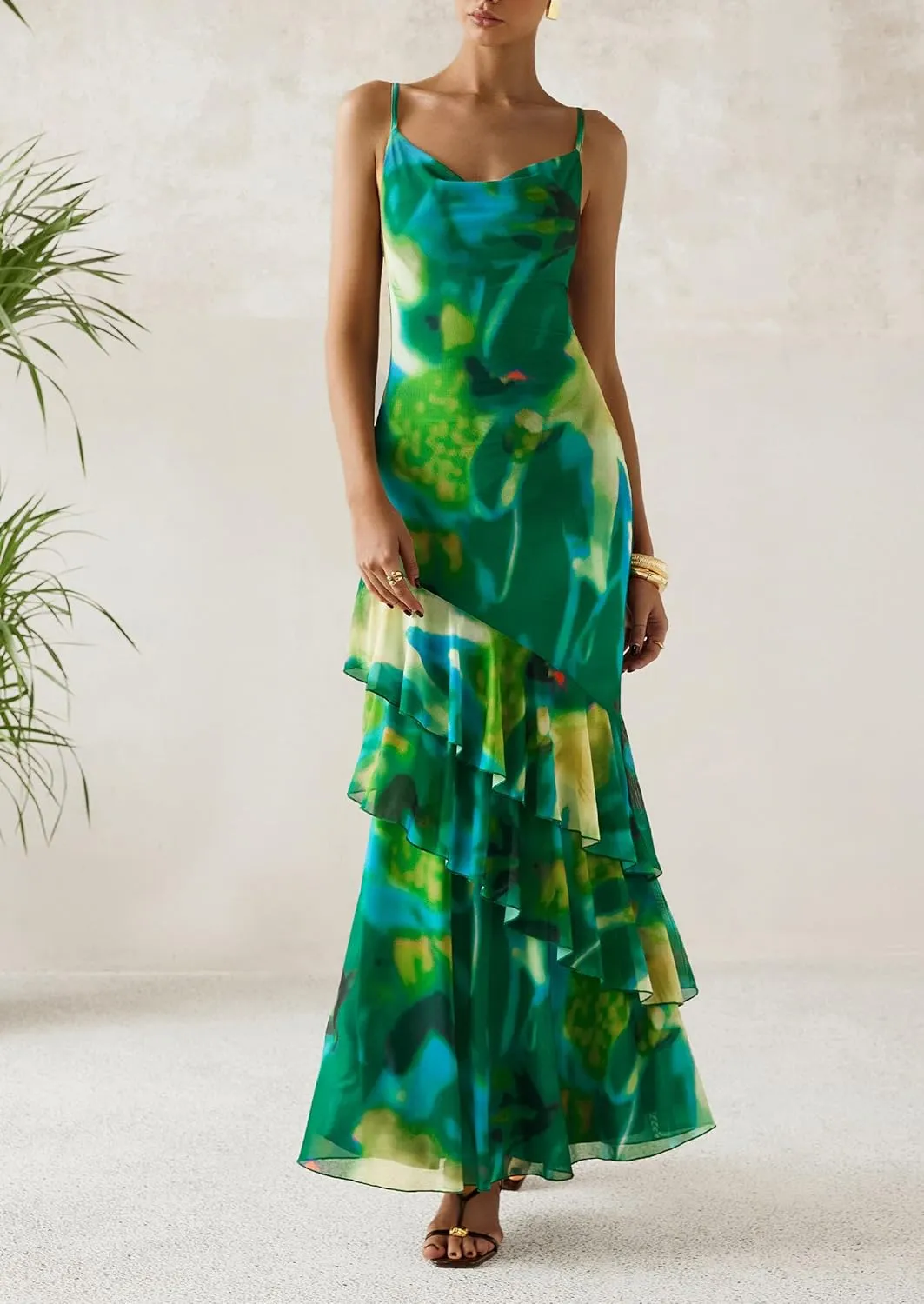 PRETTYGARDEN Maxi Dresses for Women 2025 Summer Tiered Floral Beach Sundress Spaghetti Strap Wedding Guest Long Dress