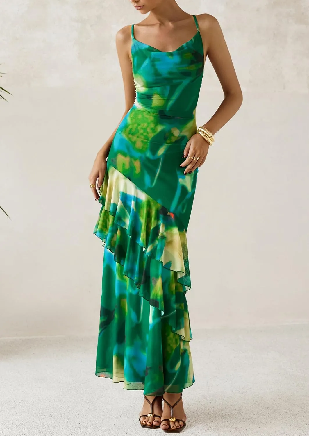 PRETTYGARDEN Maxi Dresses for Women 2025 Summer Tiered Floral Beach Sundress Spaghetti Strap Wedding Guest Long Dress