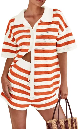 PRETTYGARDEN Women's 2 Piece Striped Shorts Sets Summer 2025 Short Sleeve Sweater Set Matching Casual Beach Vacation Outfit