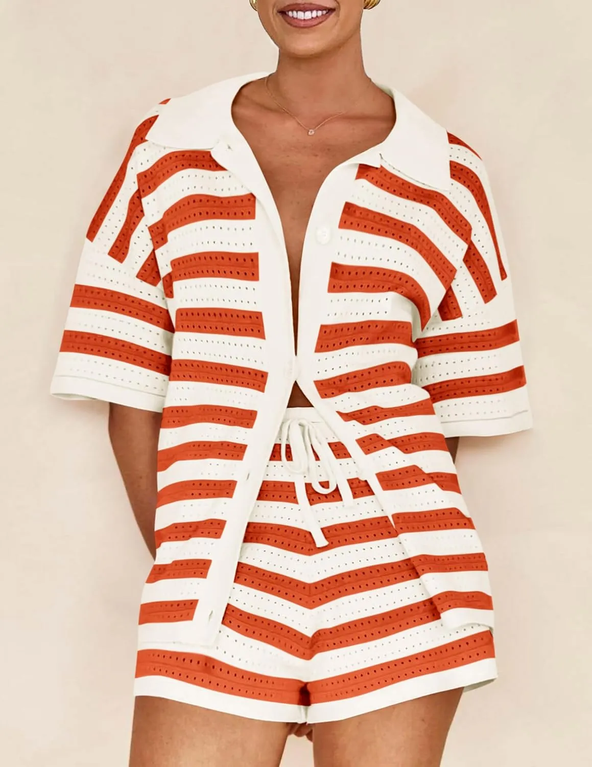 PRETTYGARDEN Women's 2 Piece Striped Shorts Sets Summer 2025 Short Sleeve Sweater Set Matching Casual Beach Vacation Outfit