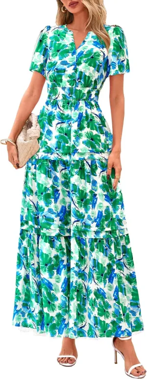 PRETTYGARDEN Women's 2025 Summer Boho Maxi Dresses Floral Short Sleeve V Neck A Line Tiered Flowy Long Beach Vacation Dress