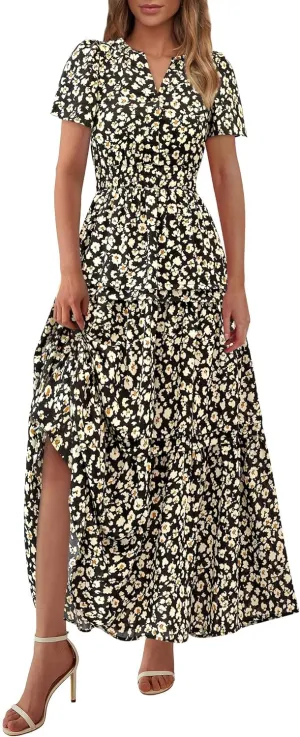 PRETTYGARDEN Women's 2025 Summer Boho Maxi Dresses Floral Short Sleeve V Neck A Line Tiered Flowy Long Beach Vacation Dress