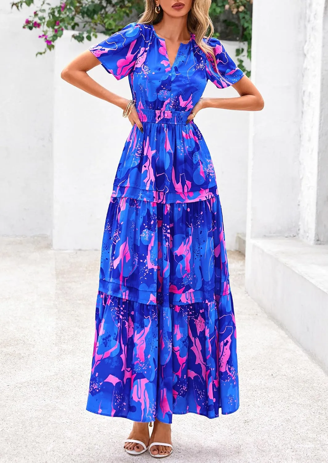 PRETTYGARDEN Women's 2025 Summer Boho Maxi Dresses Floral Short Sleeve V Neck A Line Tiered Flowy Long Beach Vacation Dress