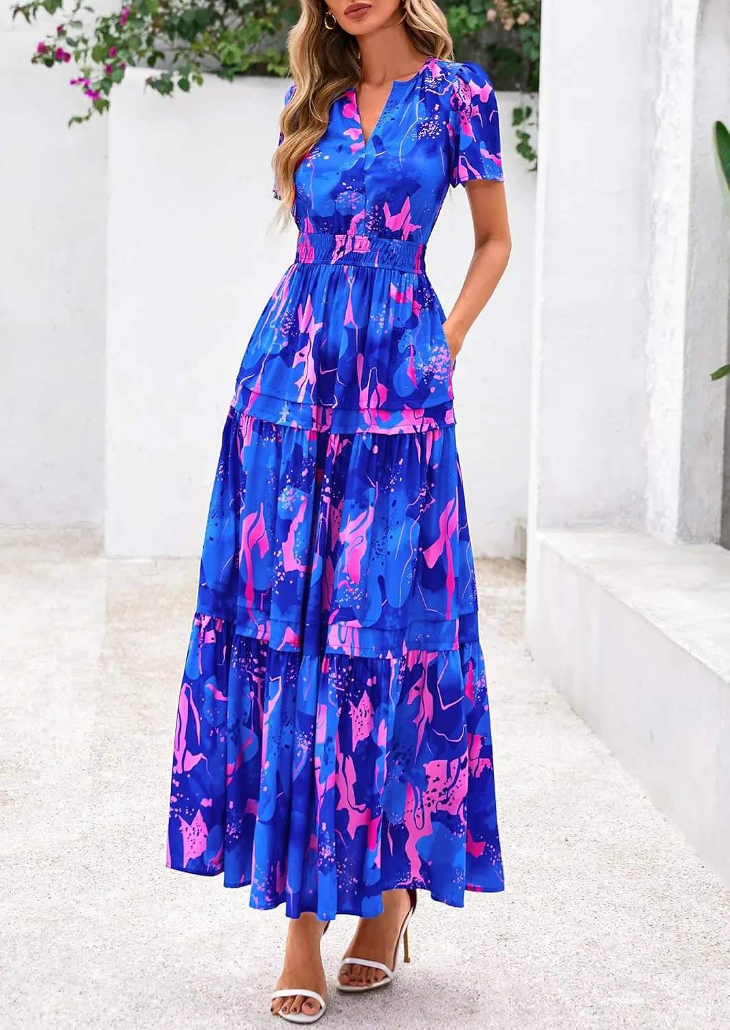 PRETTYGARDEN Women's 2025 Summer Boho Maxi Dresses Floral Short Sleeve V Neck A Line Tiered Flowy Long Beach Vacation Dress