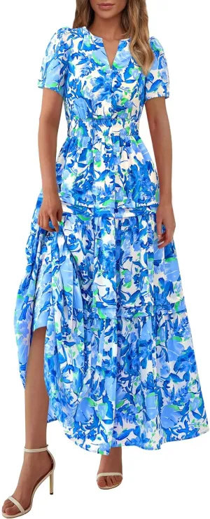 PRETTYGARDEN Women's 2025 Summer Boho Maxi Dresses Floral Short Sleeve V Neck A Line Tiered Flowy Long Beach Vacation Dress