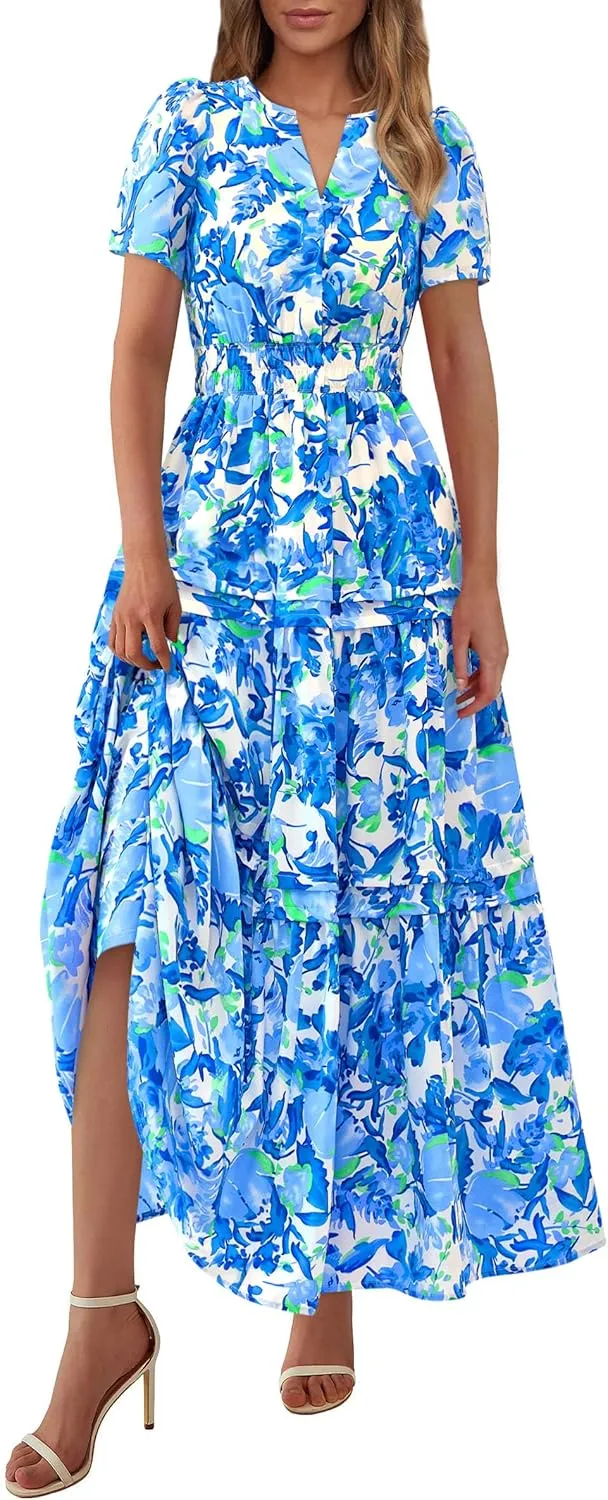 PRETTYGARDEN Women's 2025 Summer Boho Maxi Dresses Floral Short Sleeve V Neck A Line Tiered Flowy Long Beach Vacation Dress