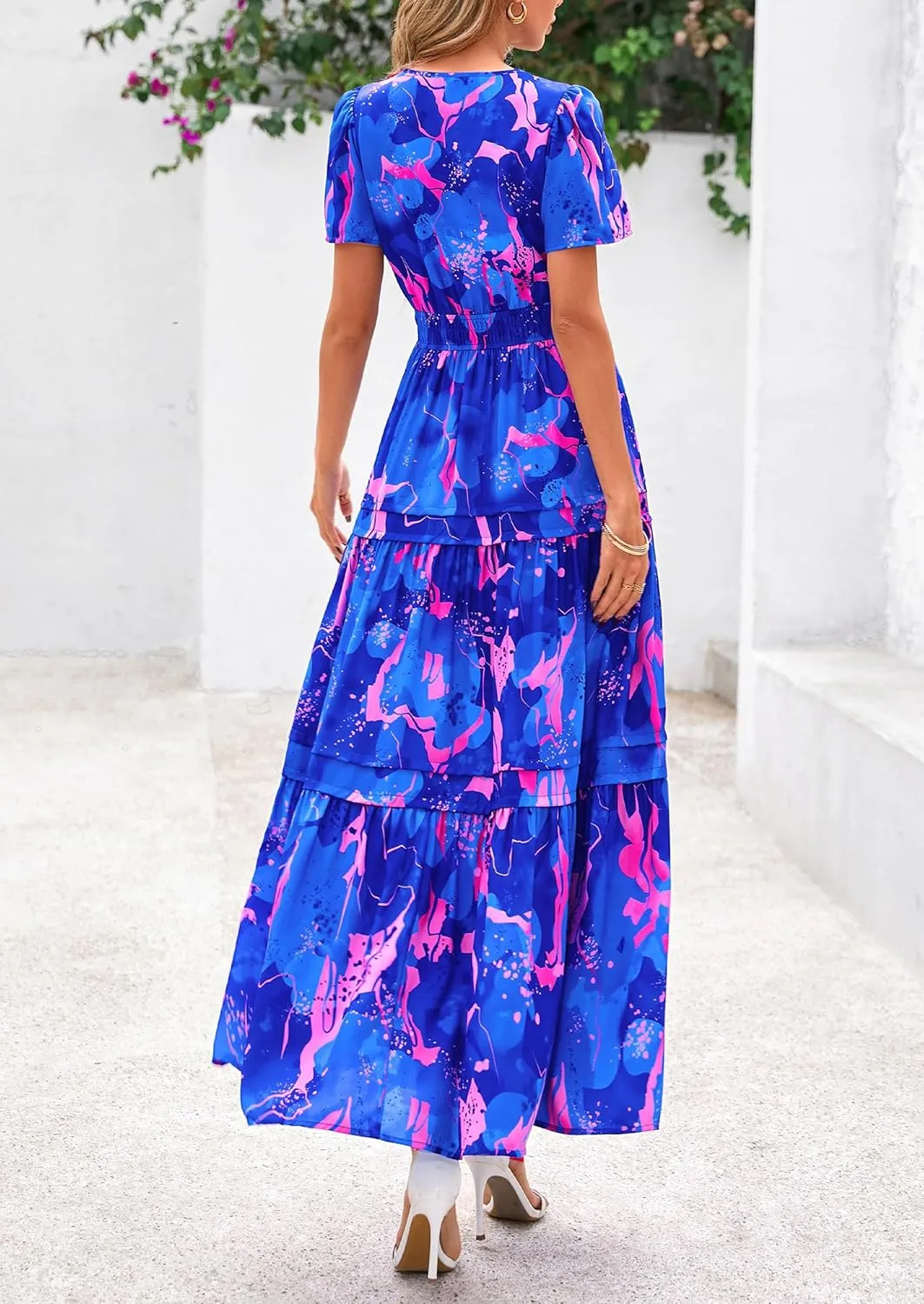 PRETTYGARDEN Women's 2025 Summer Boho Maxi Dresses Floral Short Sleeve V Neck A Line Tiered Flowy Long Beach Vacation Dress