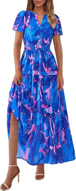 PRETTYGARDEN Women's 2025 Summer Boho Maxi Dresses Floral Short Sleeve V Neck A Line Tiered Flowy Long Beach Vacation Dress