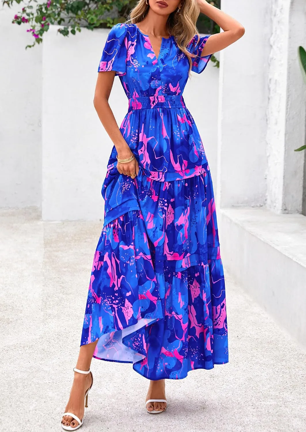 PRETTYGARDEN Women's 2025 Summer Boho Maxi Dresses Floral Short Sleeve V Neck A Line Tiered Flowy Long Beach Vacation Dress