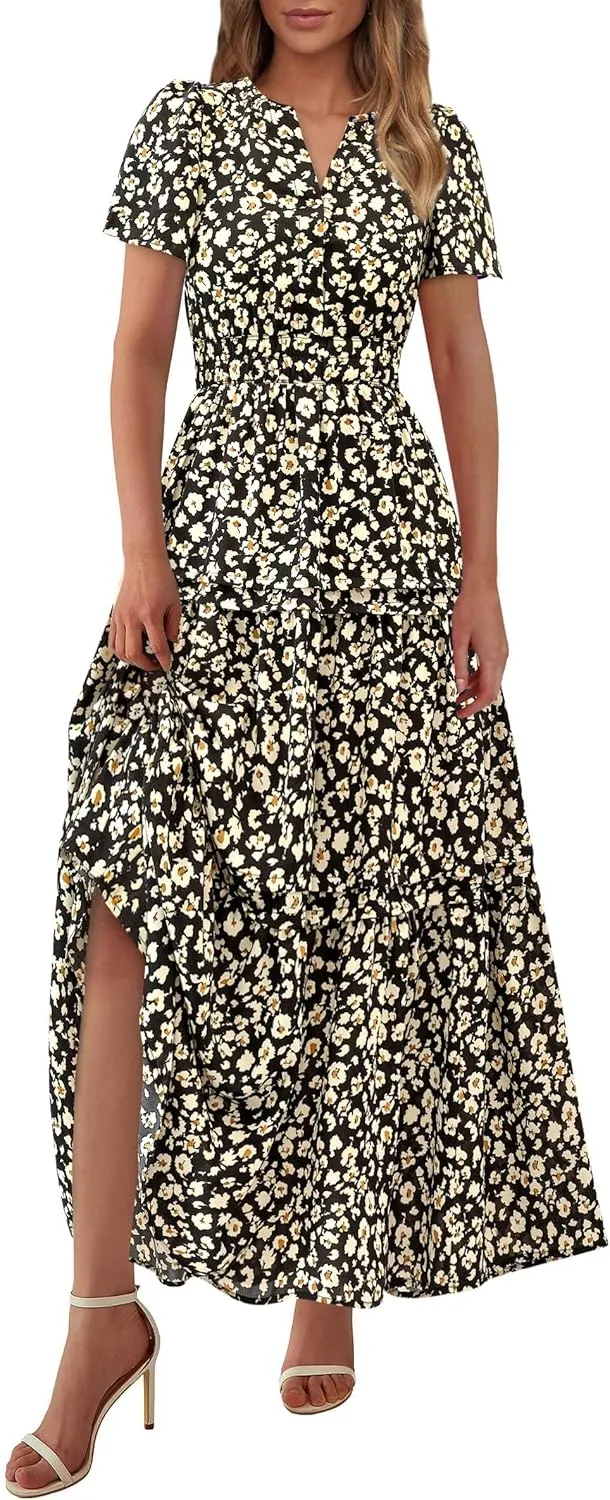 PRETTYGARDEN Women's 2025 Summer Boho Maxi Dresses Floral Short Sleeve V Neck A Line Tiered Flowy Long Beach Vacation Dress